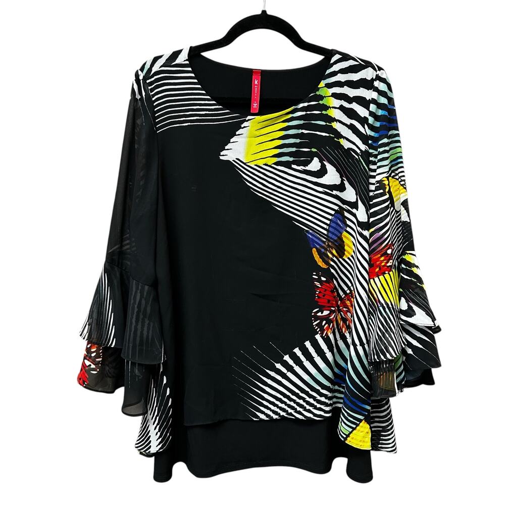 IC by Connie K Black Multi Abstract Geo Butterfly Print Layered Top Women Large